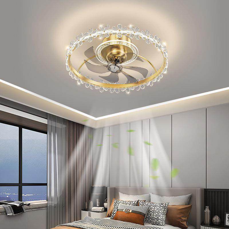 卧室摇头风扇灯轻奢水晶吊扇灯北欧客厅隐形家用一体电扇灯