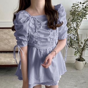 口2Way抽绳 GRL袖 peplum上衣背心吊带褶皱休闲连衣裙 日本直邮