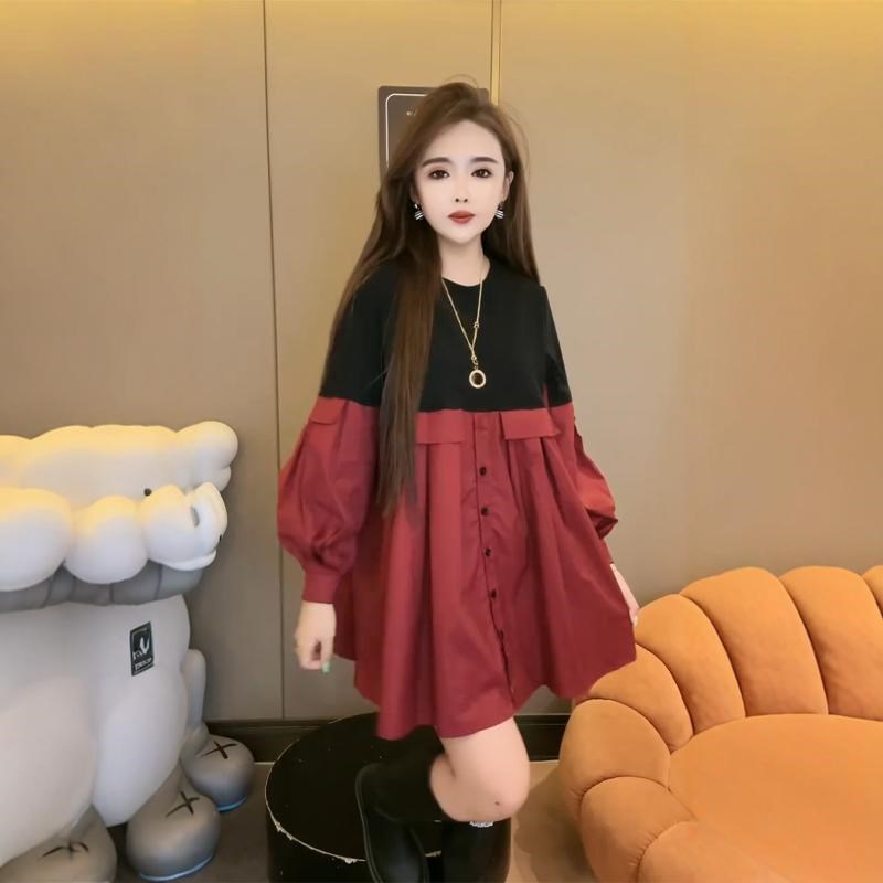 安可拉红b衬衫裙女2025秋冬拼接衬衫韩版宽松设计感中长款假两件