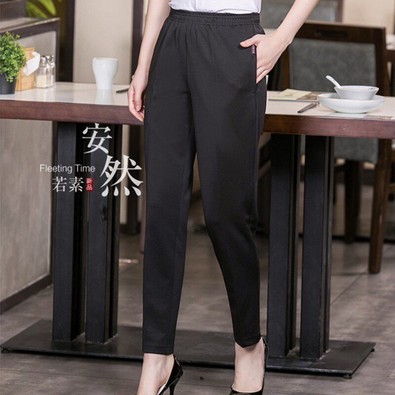 酒店黑色耐磨抗皱工作裤饭店服务员弹力全K松紧女裤西裤直筒裤新
