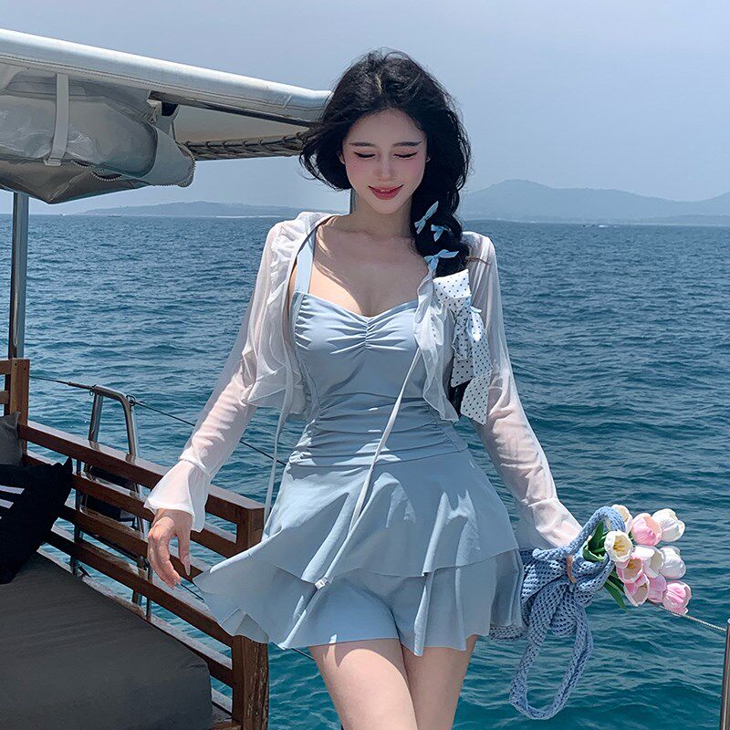 2025新款多巴胺200斤泳衣女连体裙式罩衫长袖防晒度假大码微胖mm