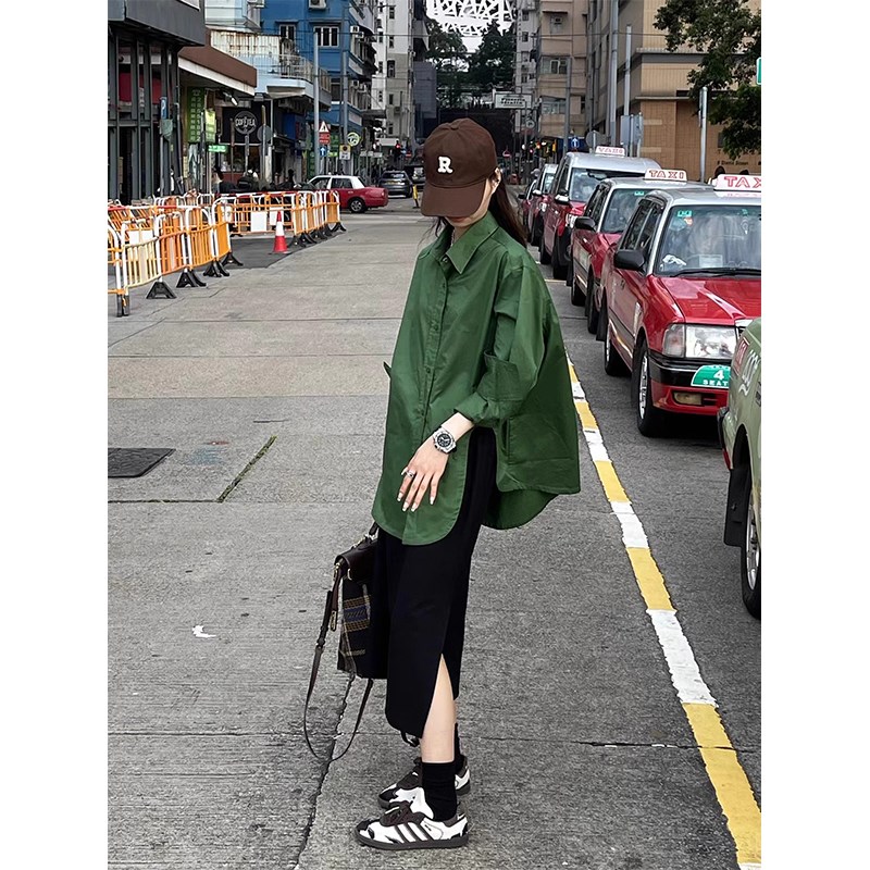 绿色凹槽设计感长袖衬衫女2025新款宽松大码小众百.搭时髦衬衣
