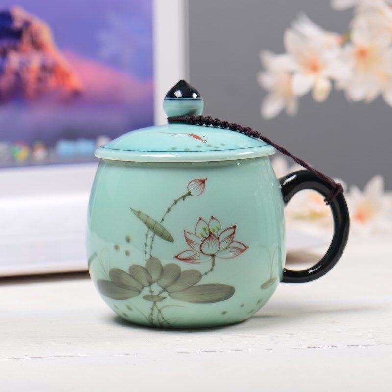 陶瓷茶杯带盖过滤青瓷杯办公室男女水杯泡L茶杯手绘莲花带把手杯