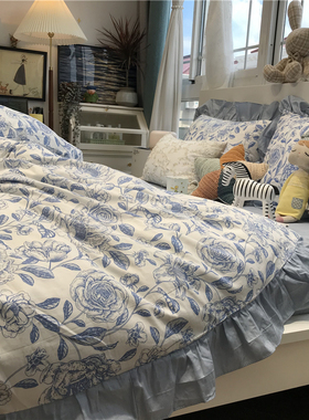 ins蓝色花边田园手绘风p床上四件套全棉纯棉被套1.5m1.8米床单公