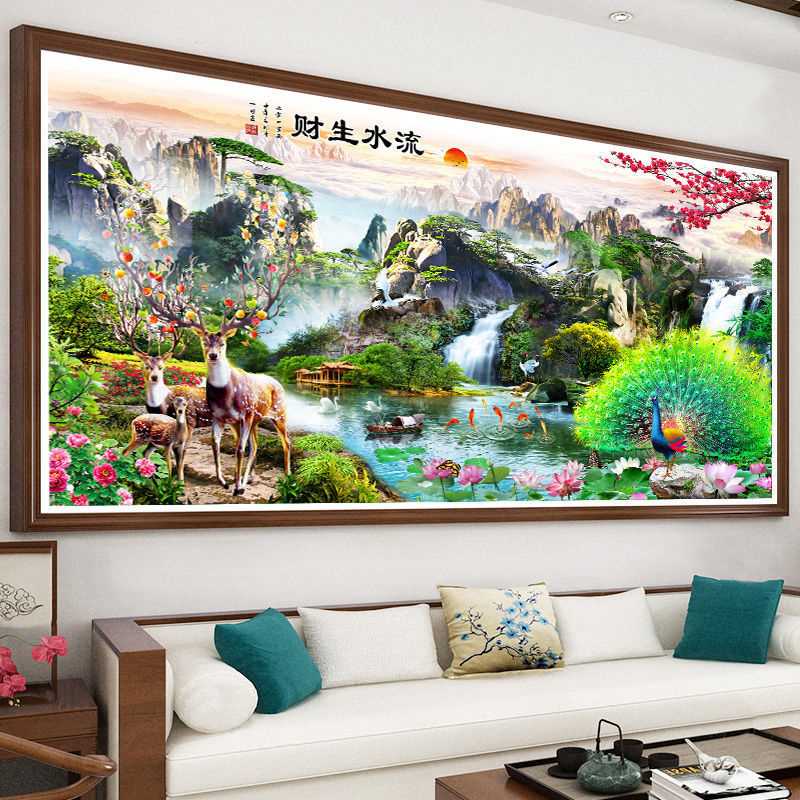 新款钻石画满钻流水生财风景山水画迎客松点贴钻十字绣钻石绣客厅