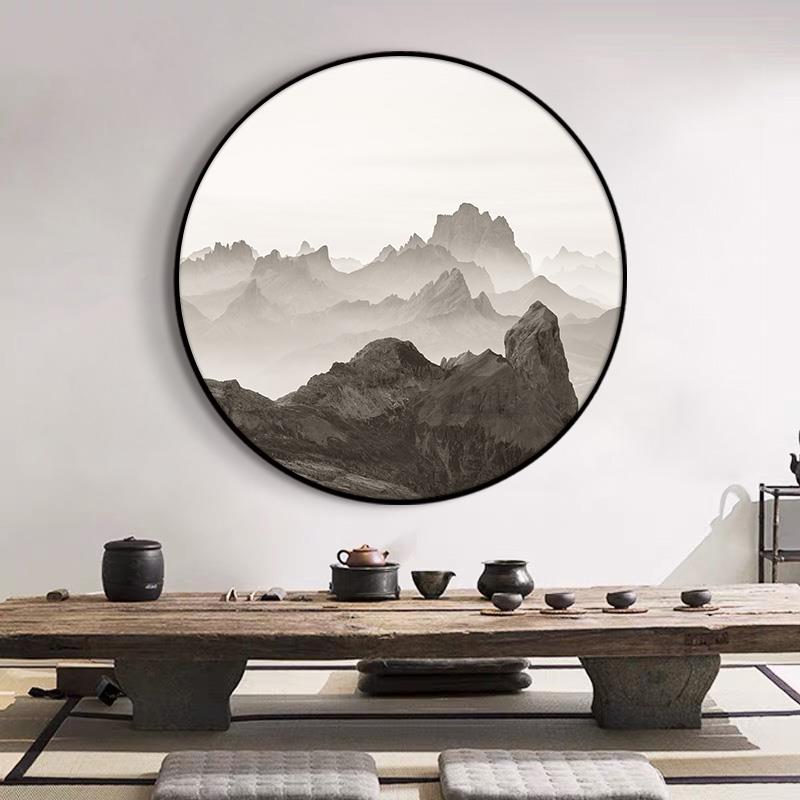 茶室装饰式画圆形山水画新挂画玄中关客厅背景墙壁画办公室靠554