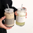 高颜值吸管玻璃杯ins风咖啡杯家用果汁杯子带盖水杯易拉罐可乐杯