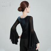 国标舞拉丁舞服华尔兹烫钻长袖 摩登舞上衣女秋新款 黑色冰丝喇叭袖