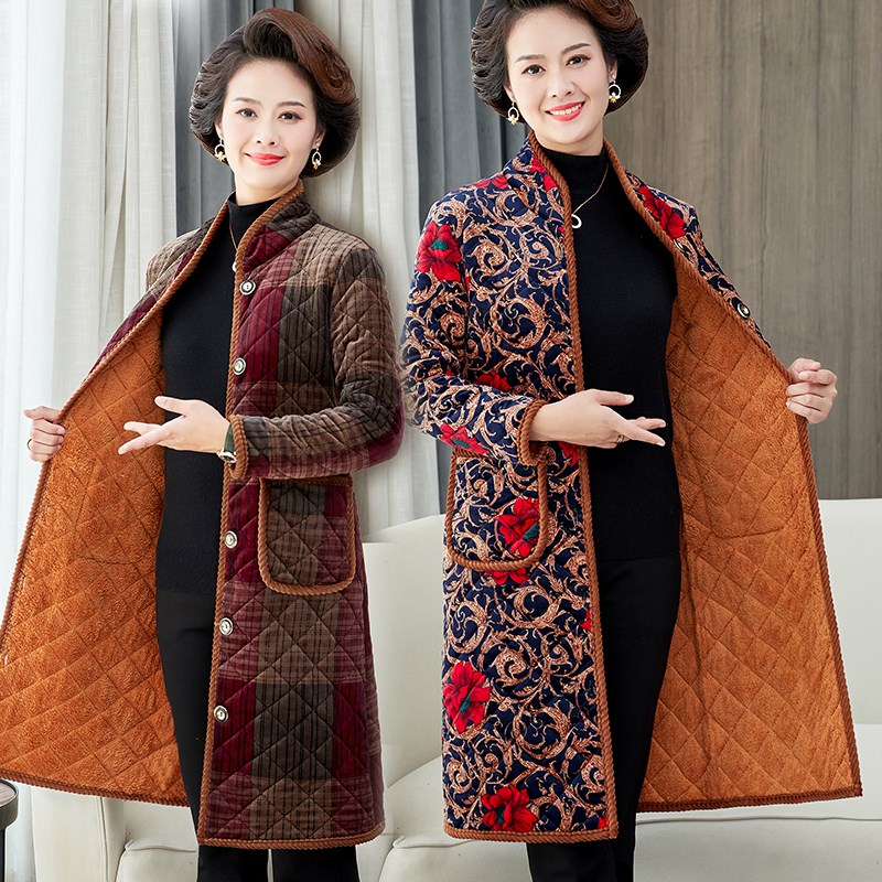妈妈加绒棉衣秋冬装中老年女装花棉袄长款高个子北方棉服外套过膝
