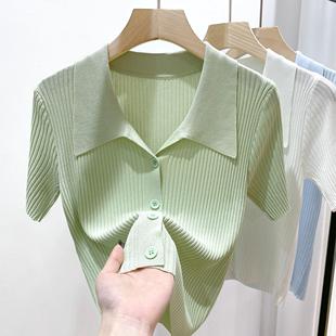 小众显瘦绿色翻领短款 polo领短袖 新款 针织开衫 T恤百搭上衣 女夏季