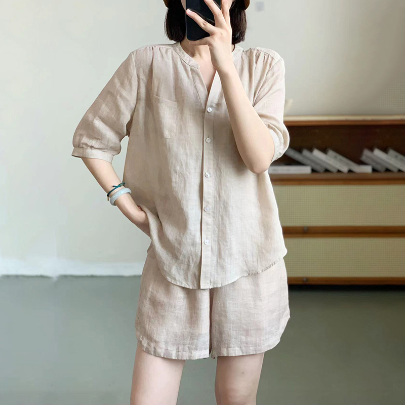 夏季时尚洋气高级感棉麻衬衫休闲短裤大码女装微胖mm显瘦遮肉套装