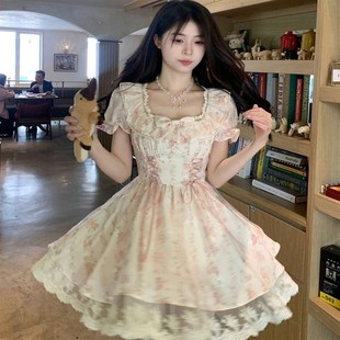 温柔甜美小个子碎花连衣裙女夏花边系带千金感收腰蓬蓬公主短裙子