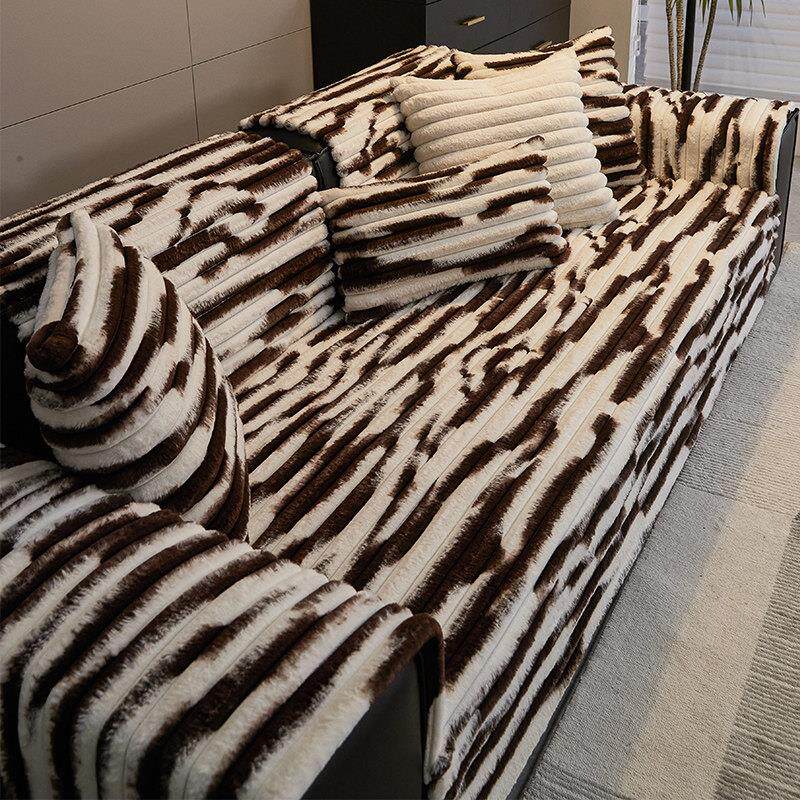 冬季高档沙发垫毛绒新款轻奢防滑坐垫条纹布艺沙发座垫套罩盖布巾