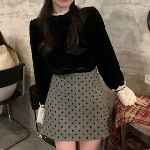 毛呢波点半身裙女秋冬新款胖mm大码小个子气质包臀裙法式复古短裙