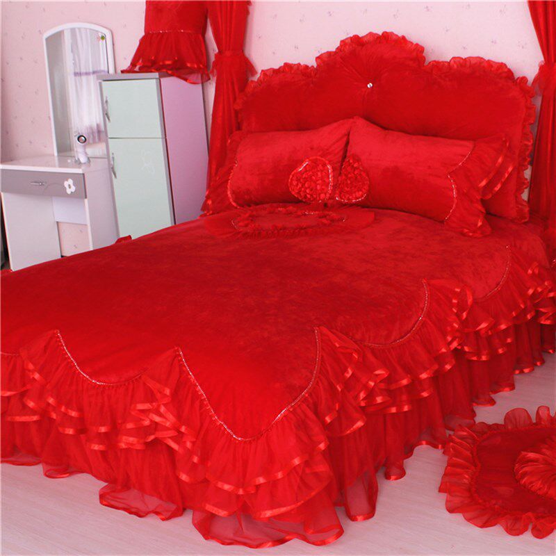 冬季珊瑚绒蕾丝床裙式公主风床上粉色四件套保暖