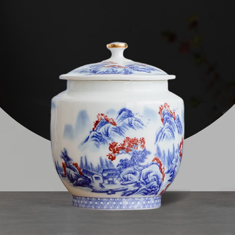 青花瓷陶瓷茶罐中式山水复古花茶绿茶普洱茶密封罐带盖膏方罐药罐