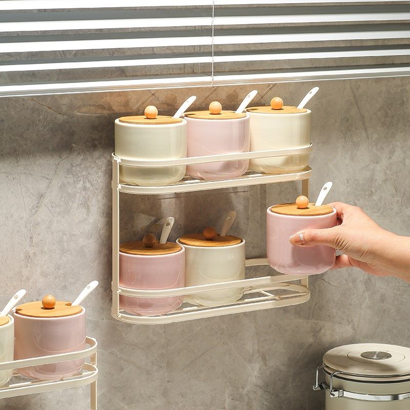 陶瓷调味罐瓶调料盒套装家用厨房双层辣椒盐罐子收纳置物架免钉胶