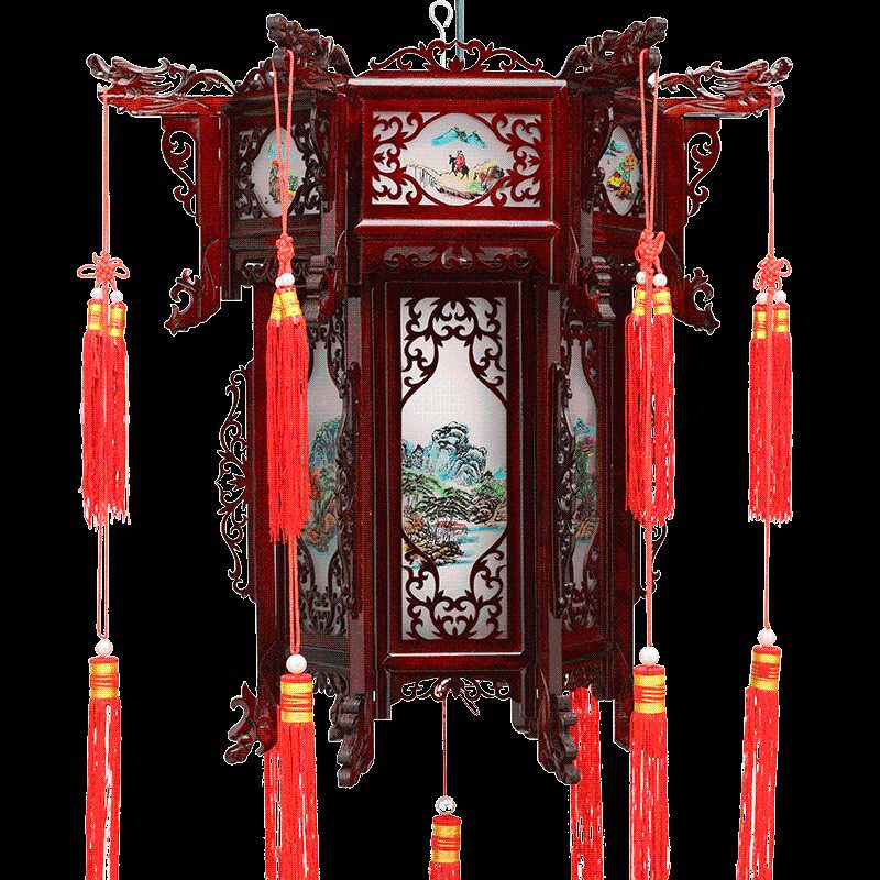 贝晗木制宫灯六角木雕宫灯大红灯笼新中式仿古宫灯有机玻璃新年