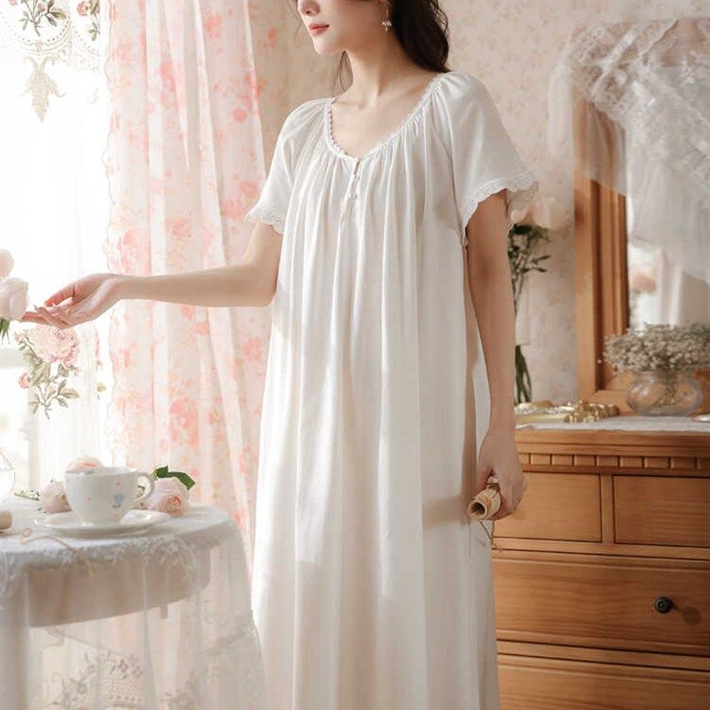 女士白色睡裙女纯棉法式宫廷风晨袍夏季短袖睡衣女款睡袍长裙长款