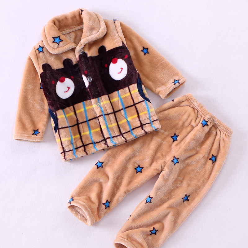 秋冬季加厚法兰绒儿童睡衣女童男童珊瑚绒套装小孩长袖宝宝家居服