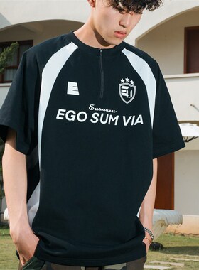 Eusoueu Ego系列美式足球复古橄榄球拉链情侣短袖圆领重磅T恤