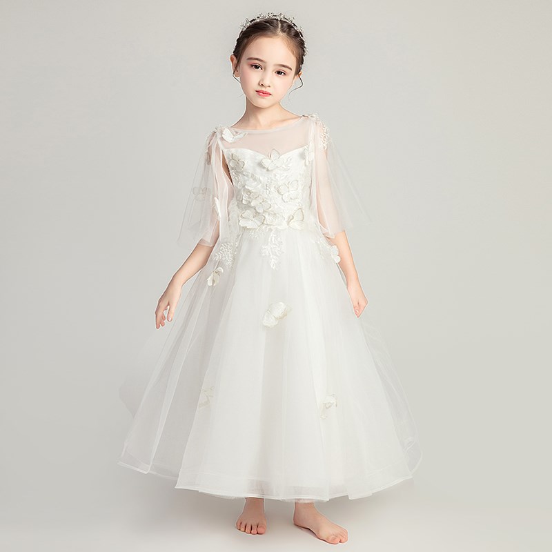公主裙女童蓬蓬纱儿童晚礼服长款花童婚纱模特走秀宴会礼裙秋冬白