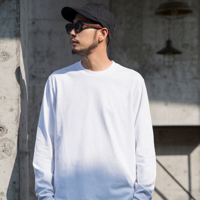 倔强工作室 重磅330g纯棉长袖t恤男女加厚纯白色春秋季圆领打底衫