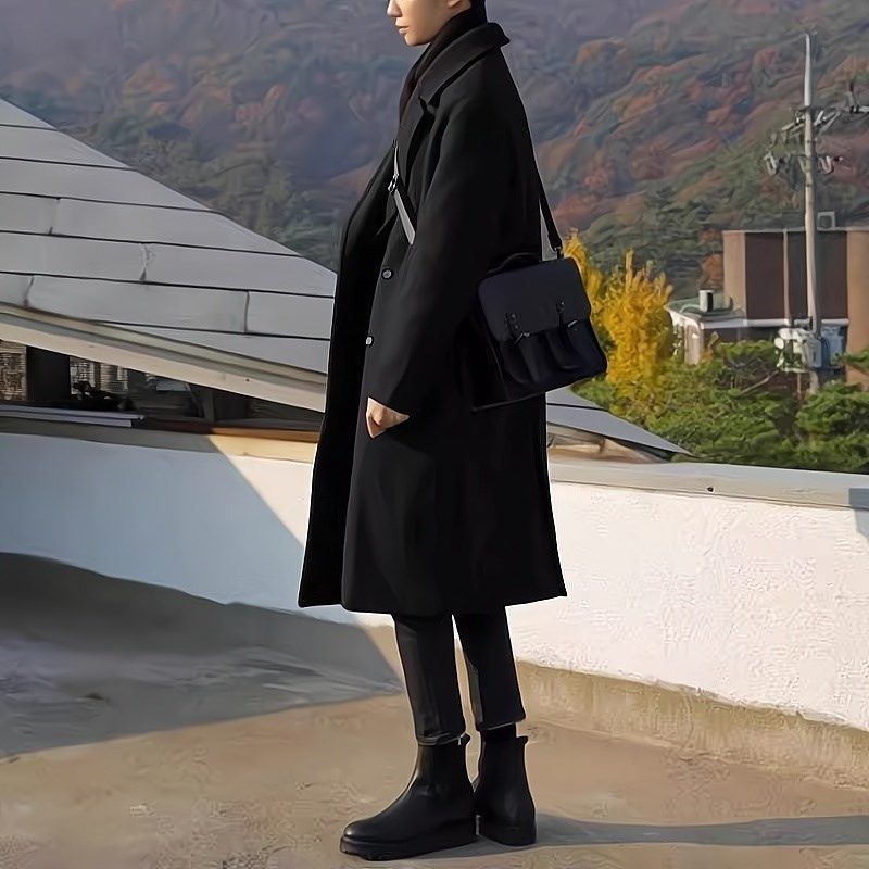 高级感夹棉风衣加厚毛呢大衣男士秋冬套装中长款外套男装一套搭配