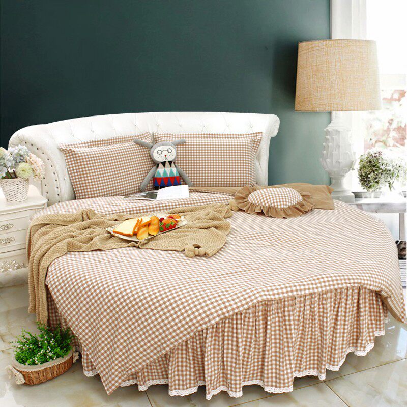 简洁简约北欧风咖色格子纯棉圆床四件套圆形床上用品圆被套圆床笠