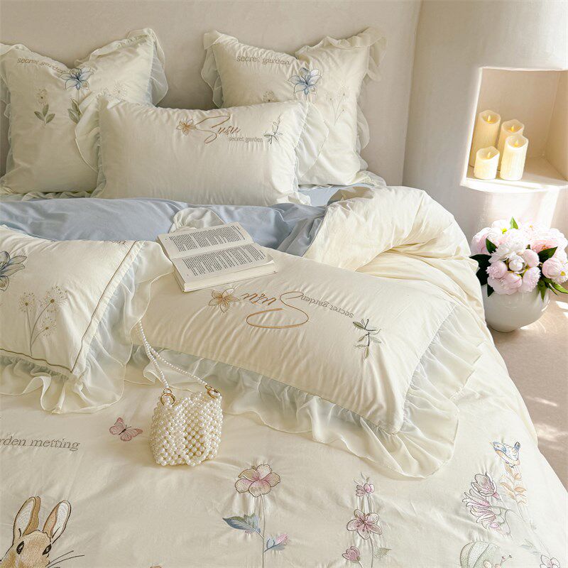 可爱少女心纯棉水洗棉四件套全棉床笠公主风兔子被套女孩床上用品