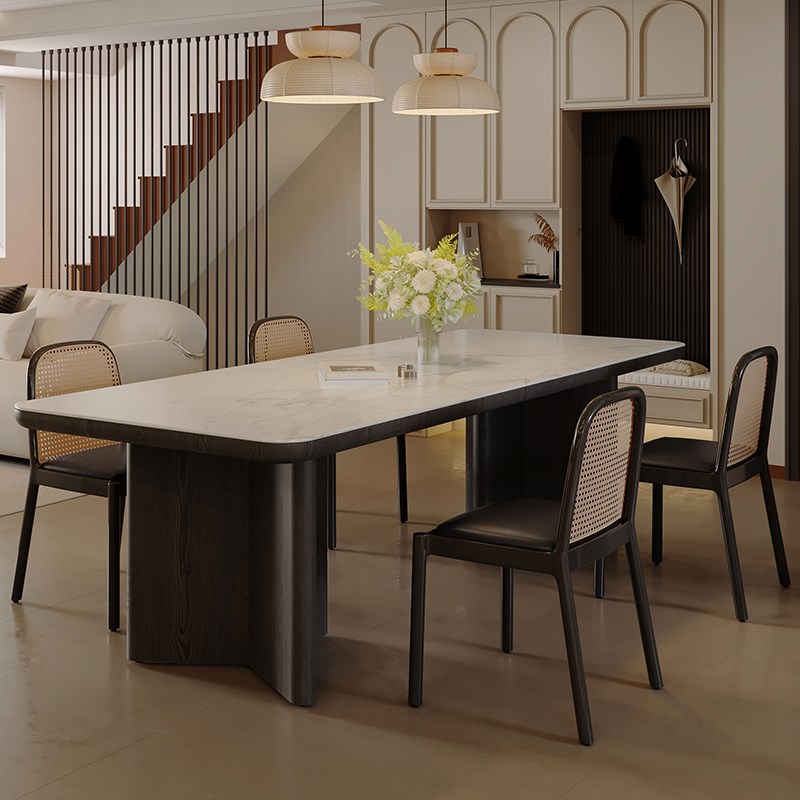 意式简约现代中古风实木岩板加厚餐桌椅组合大户型复古大板桌茶桌