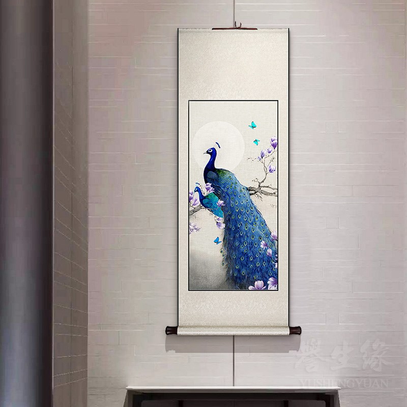 孔雀卷轴挂画竖版现代欧式玄关装饰画客厅走廊过道壁画餐厅墙画图片