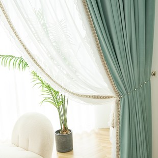 法式 高遮光蒂凡尼绒镶边边客厅窗帘现代卧室飘窗布 浪漫风格