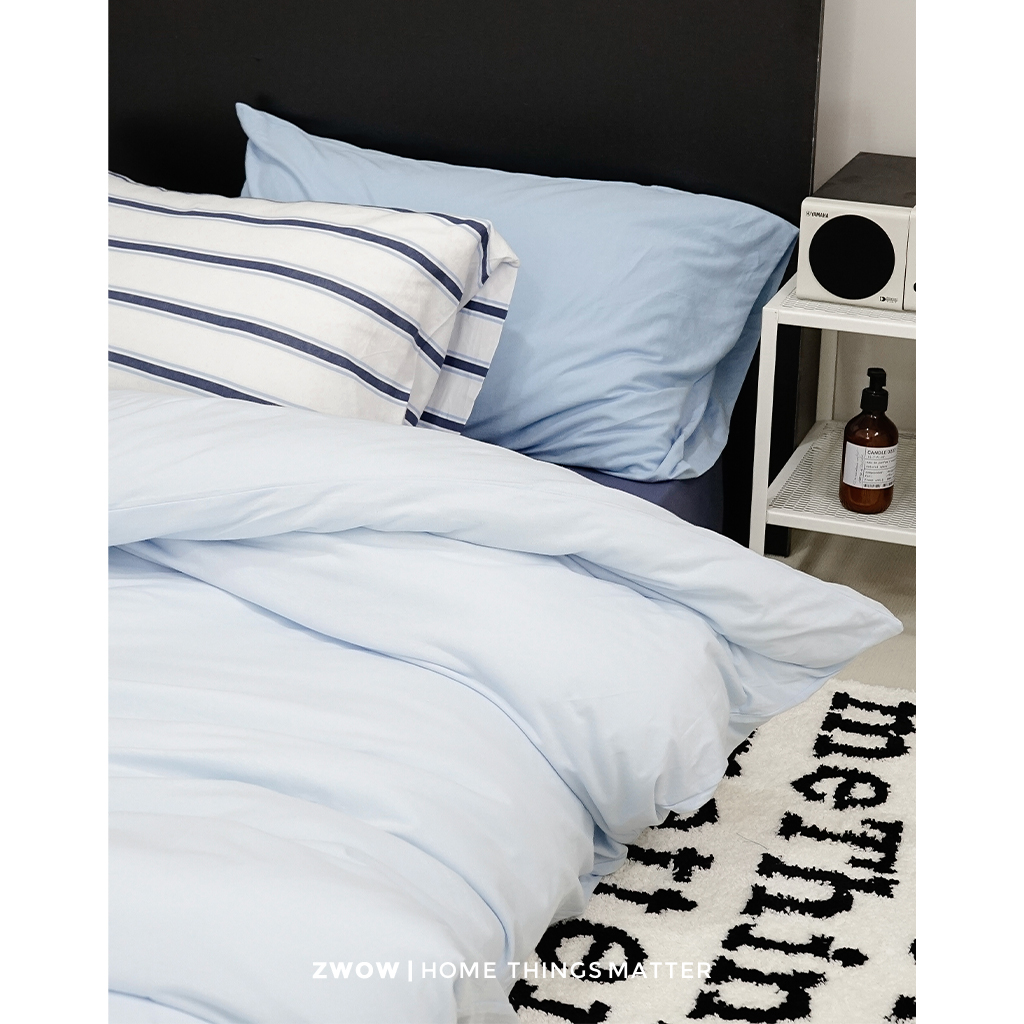 造卧zwow四季款撞色蓝色系条纹纯棉针织棉A类裸睡床品床单四件套