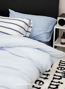 造卧zwow四季款撞色蓝色系条纹纯棉针织棉A类裸睡床品床单四件套