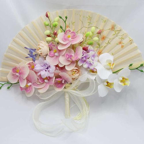新中式新娘拍照道具蝴蝶兰折扇手捧花结婚古风婚礼迎亲晨袍扇子