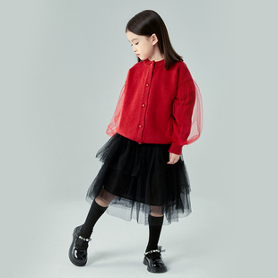 女童毛衣秋冬装儿童针织衫中大童开衫红色毛线衣外套网纱上衣洋气