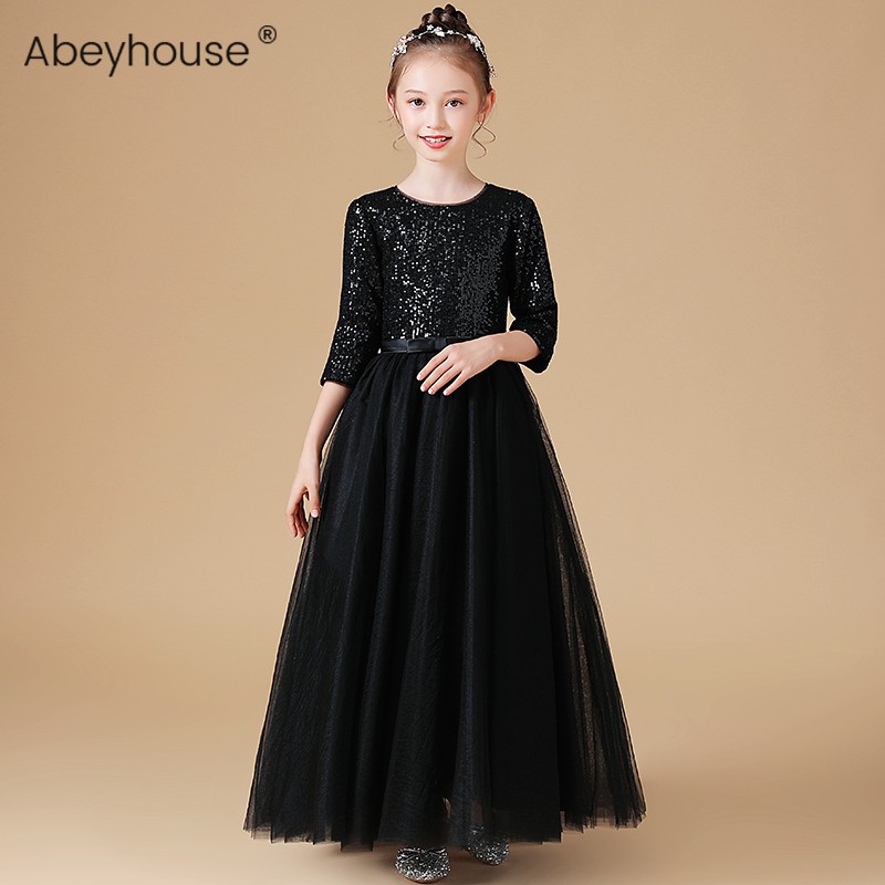 中大童高档钢琴演出服女童亮片生日礼服黑色小提琴演奏服乐团指挥