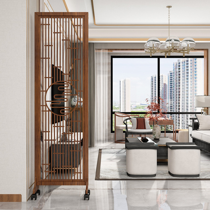 新中式木质屏风隔断办公客厅玄关实木遮挡可移动折叠镂空雕花滑轮