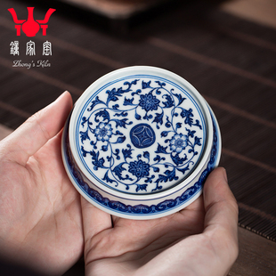 钟家窑功夫茶具 青花柴窑缠枝莲盖置茶壶紫砂壶盖置盖托茶道配件