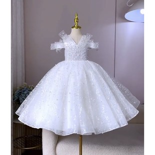 白色高级感儿童主持人小提琴钢琴演奏礼服女童高端公主裙生日夏季