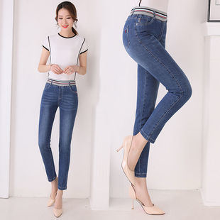 2023九分裤中年加绒牛仔裤女新款冬季高腰弹力松紧腰小个子烟管裤