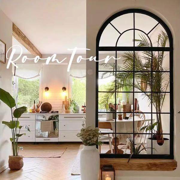 0法式玻璃屏风奶油风客厅入户隔断遮挡墙复古拱形装饰假窗户镜子