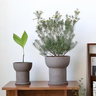 0TeeUM韩国手工花盆水泥仿陶土手制透气兰花南洋杉多肉盆带托盘