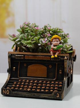 0树脂打字机花盆工艺品 庭院天台装饰花槽饮品店酒吧柜台树脂摆件