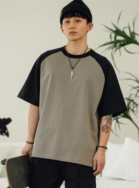 PrintsCrew重磅320克插肩袖t恤短袖T恤撞色纯棉宽松拼接半袖上衣