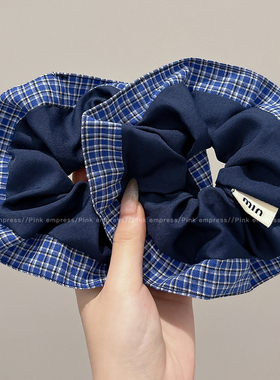 韩系蓝色格纹大肠发圈女气质复古高弹力头绳不伤发橡皮筋发绳头饰