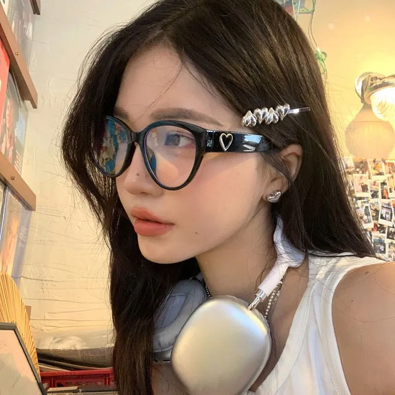 网红素颜猫眼爱心眼镜框黑色平光眼镜女潮ins风显脸小复古眼睛架