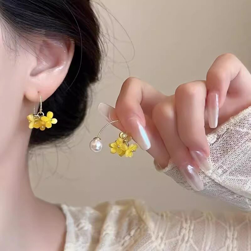 超仙黄色桂花珍珠耳环女