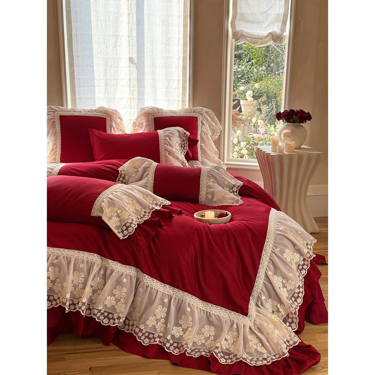 浪漫婚法式庆四件套米蕾丝花边大红色结婚被套the one床裙边1.8床